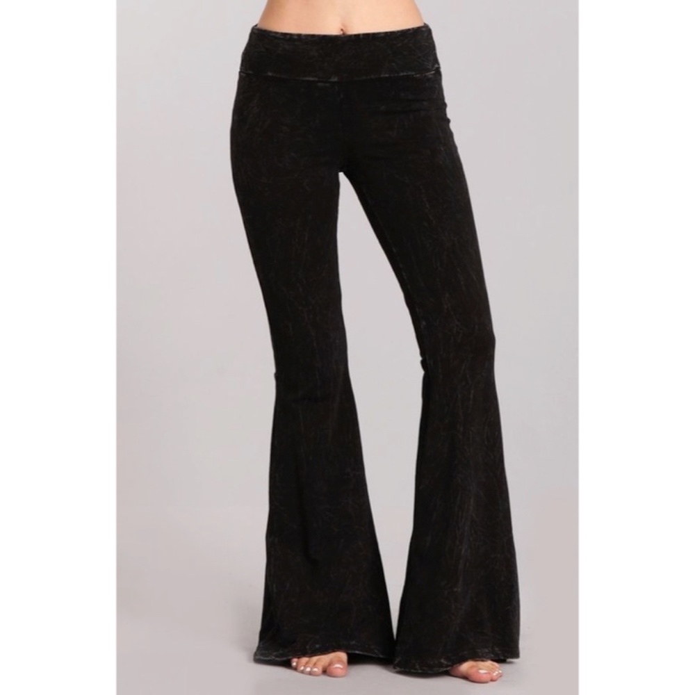 SOLD OUT Black Mineral Wash French Terry Flared Bell Bottom Pull On Pants - Picture 3 of 5